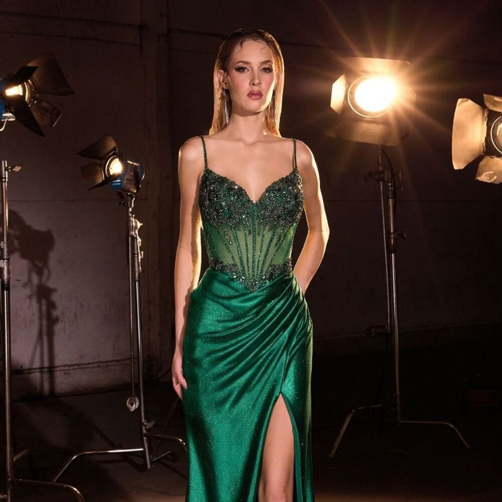New Sheath Formal Sleeveless Dress w/ Sheer Boned Bodice & Rhinestones CD CC408